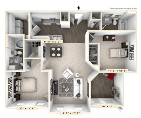 Floor plan for 2 beds, 2 baths, 1196 sqft